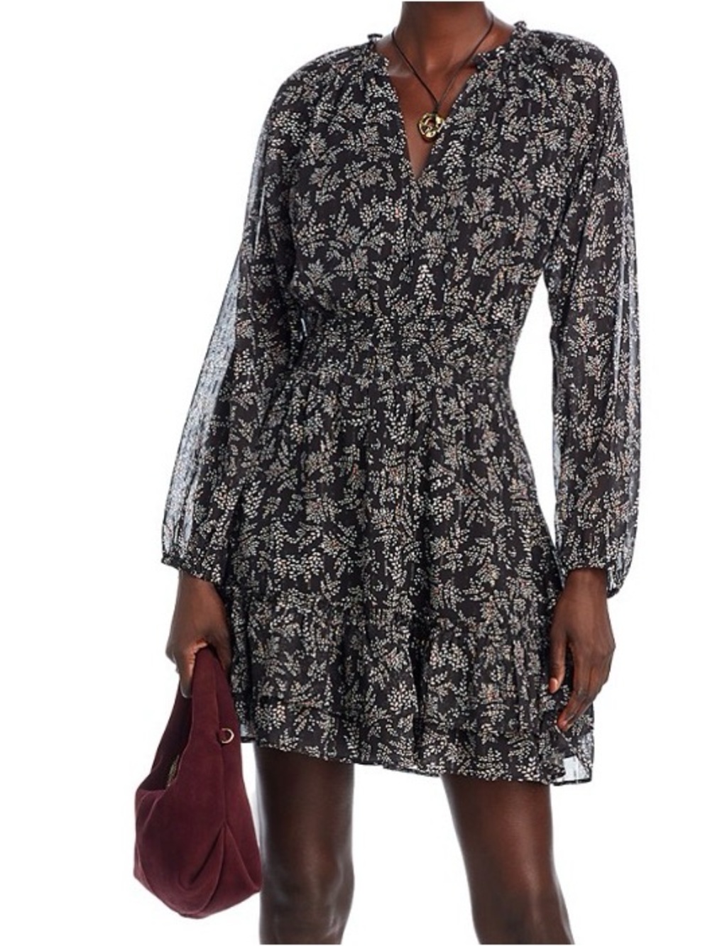 Aqua Floral Black Long-Sleeve Tiered Mini Dress